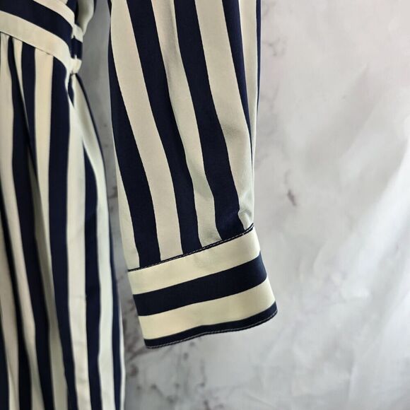 Vintage Silk Dress Womens Large 12 Navy Cream White Midi Maxi Striped Talbots - Picture 6 of 16